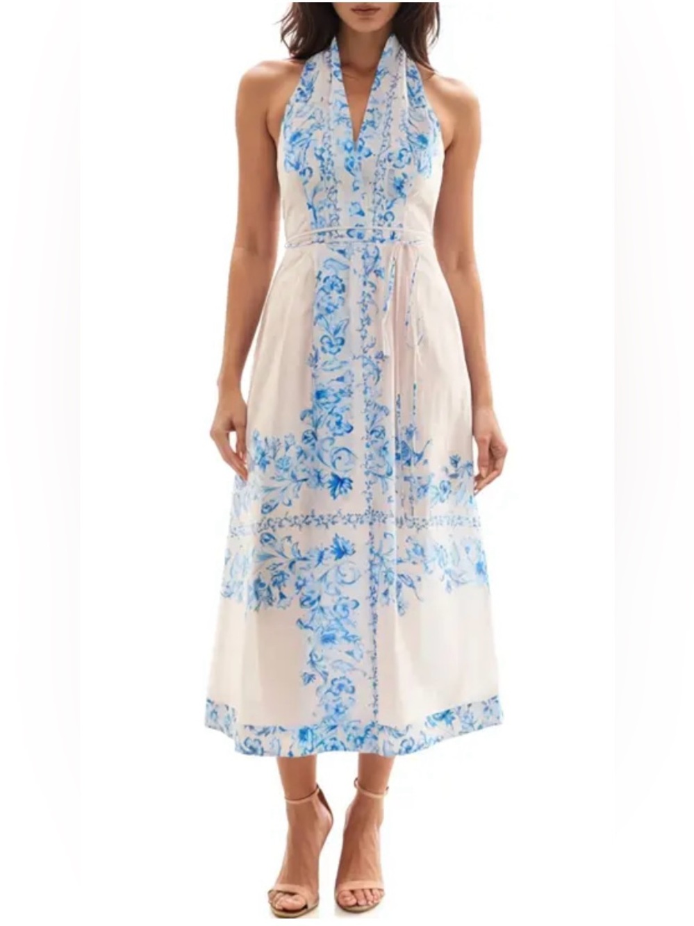 Socialite Midi Halter Dress in Blush/Blue